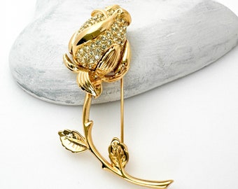 NOLAN MILLER Rose Bud Flower Brooch, Yellow Crystal Rhinestone Flower Brooches for Women, Nolan Miller Jewelry Gold Tone Gift