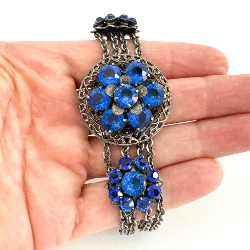 1930s Vintage CZECH Blue Rhinestone Bracelet Statement Bracelets for Women Silver Tone Filigree Vintage Jewelry Flower Bracelet Multi Strand Bild 4