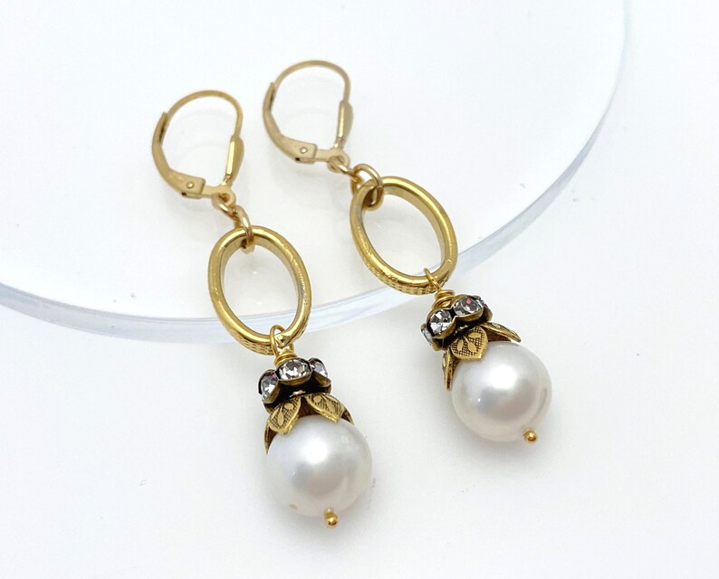 Pearl Earrings for Women, Pearl Drop Rhinestone Earrings June Birthstone Handmade Gifts Gold Tone Rhinestone Pierced Earrings image 6