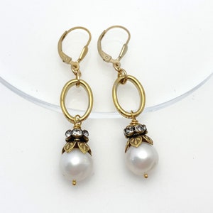 Pearl Earrings for Women, Pearl Drop Rhinestone Earrings June Birthstone Handmade Gifts Gold Tone Rhinestone Pierced Earrings image 4
