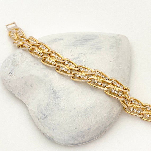 Vintage Jewelry Rhinestone Bracelet, Gold Color T… - image 1