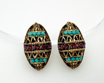 Vintage Earrings, Turquoise Blue Purple Rhinestone Clip On Earrings Easter Egg Earrings for Women 1950s Costume Jewelry Non Pierced Earrings