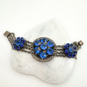 1930s Vintage CZECH Blue Rhinestone Bracelet Statement Bracelets for Women Silver Tone Filigree Vintage Jewelry Flower Bracelet Multi Strand Bild 7