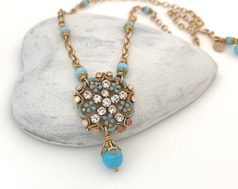 Unique One of a Kind Blue Necklace, Vintage Repurposed Pendant Necklaces for Women Gold Tone Rhinestone Necklace Handmade Gifts