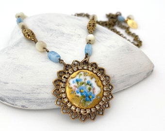 Vintage Refashioned Antique Button Pendant Necklace, Painted Flower Necklaces for Women, Unique One of a Kind Handmade Gifts Rhinestone
