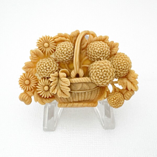 JAPAN Celluloid Plastic Flower Basket Brooch Pin, Vintage Jewelry Floral Brooches for Women, Gift Idea Costume Jewelry