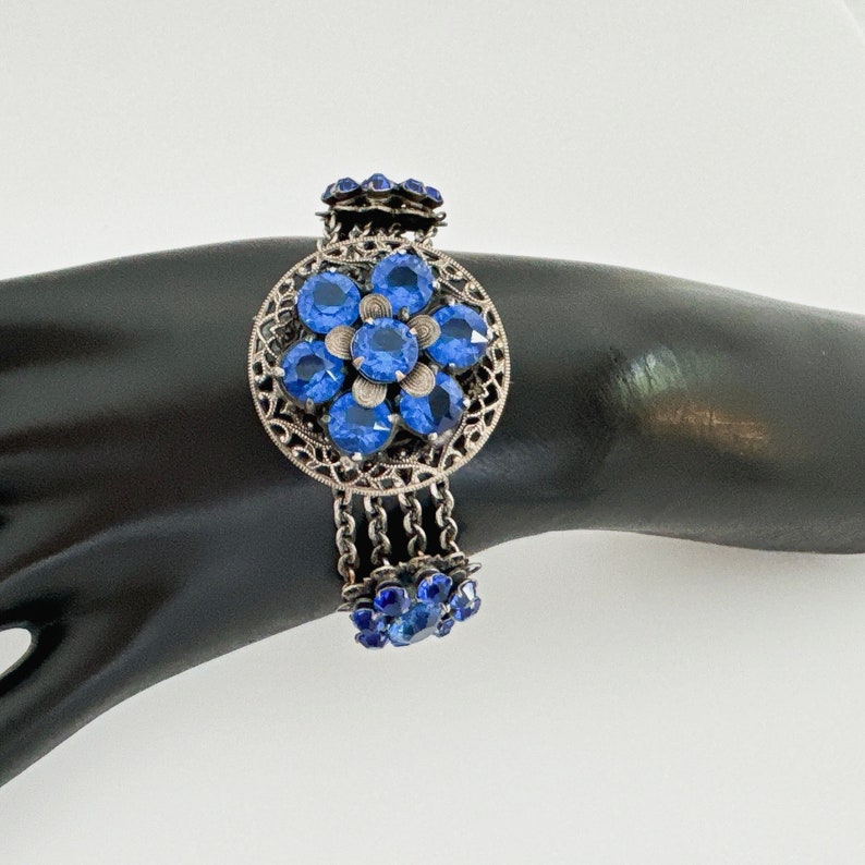 1930s Vintage CZECH Blue Rhinestone Bracelet Statement Bracelets for Women Silver Tone Filigree Vintage Jewelry Flower Bracelet Multi Strand Bild 3