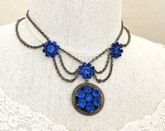 1930s Vintage CZECH Blue Rhinestone Festoon Necklace, Statement Necklace, Silver Tone Filigree Vintage Jewelry Necklaces for Women