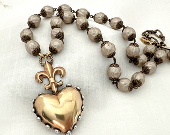 Statement Necklace w Large Heart Pendant, Chunky Pearl Necklaces For Women, Unique Handmade Gifts Mixed Metal Silver and Gold Handmade Gifts