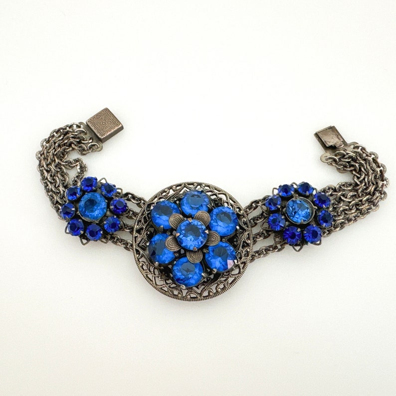 1930s Vintage CZECH Blue Rhinestone Bracelet Statement Bracelets for Women Silver Tone Filigree Vintage Jewelry Flower Bracelet Multi Strand Bild 5