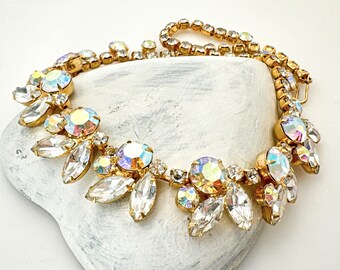 Vintage Jewelry Statement Necklace, Aurora Boralis Rhinestone Necklaces for Women, Gold Tone Clear Rhinestone Adjustable Collar Sparkle