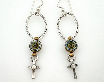 Handmade Sterling Silver Dangle Earrings, Vintage Repurposed Micro Mosaic Cross Earrings for Women, Pierced Earrings Unique Gift Boho