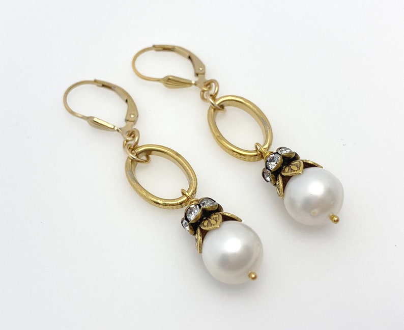 Pearl Earrings for Women, Pearl Drop Rhinestone Earrings June Birthstone Handmade Gifts Gold Tone Rhinestone Pierced Earrings image 2