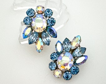 Vintage Earrings, Blue Aurora Borealis Rhinestone Clip On Earrings, 1950s Costume Jewelry, Crystal Cluster Non Pierced Earrings Gift for Her