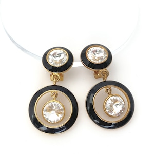 Statement Earrings BIJOUX DESIGNS Crystal Clip On Earrings for Women, Black Enamel 1980s Vintage Jewelry Runway Earrings Gold Color Tone