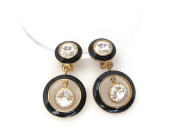 BIJOUX DESIGNS New York kristallen oorbellen, vintage sieraden verklaring zwarte emaille clip op oorbellen, goudkleurige catwalk oorbellen voor vrouwen