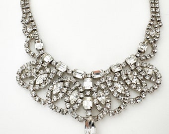 Statement Necklace, Designer By Gale 1950s Vintage Jewelry Clear Rhinestone Bib Necklace Silver Tone Bridal Necklace, Wedding Jewelry