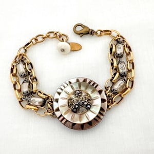 Vintage Repurposed Mother of Pearl & Cut Steel Button Bracelet - Unique Handmade Jewelry Gift for Women