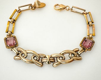 Unique Gold Filled Link Bracelet, Vintage Repurposed One of a Kind Bracelets for Women, Sterling Silver Pink Rhinestone Handmade Gifts