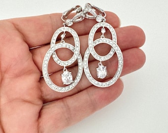 NOLAN MILLER Crystal Earrings, Statement Clip On Earrings for Women, Double Loop Long Dangle Earrings, Contemporary Pave Clear Rhinestone