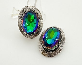 Statement Earrings Vintage Peacock Blue Green Rhinestone Clip On Earrings, Silver Color 1960s Costume Jewelry Fashion Earrings for Women