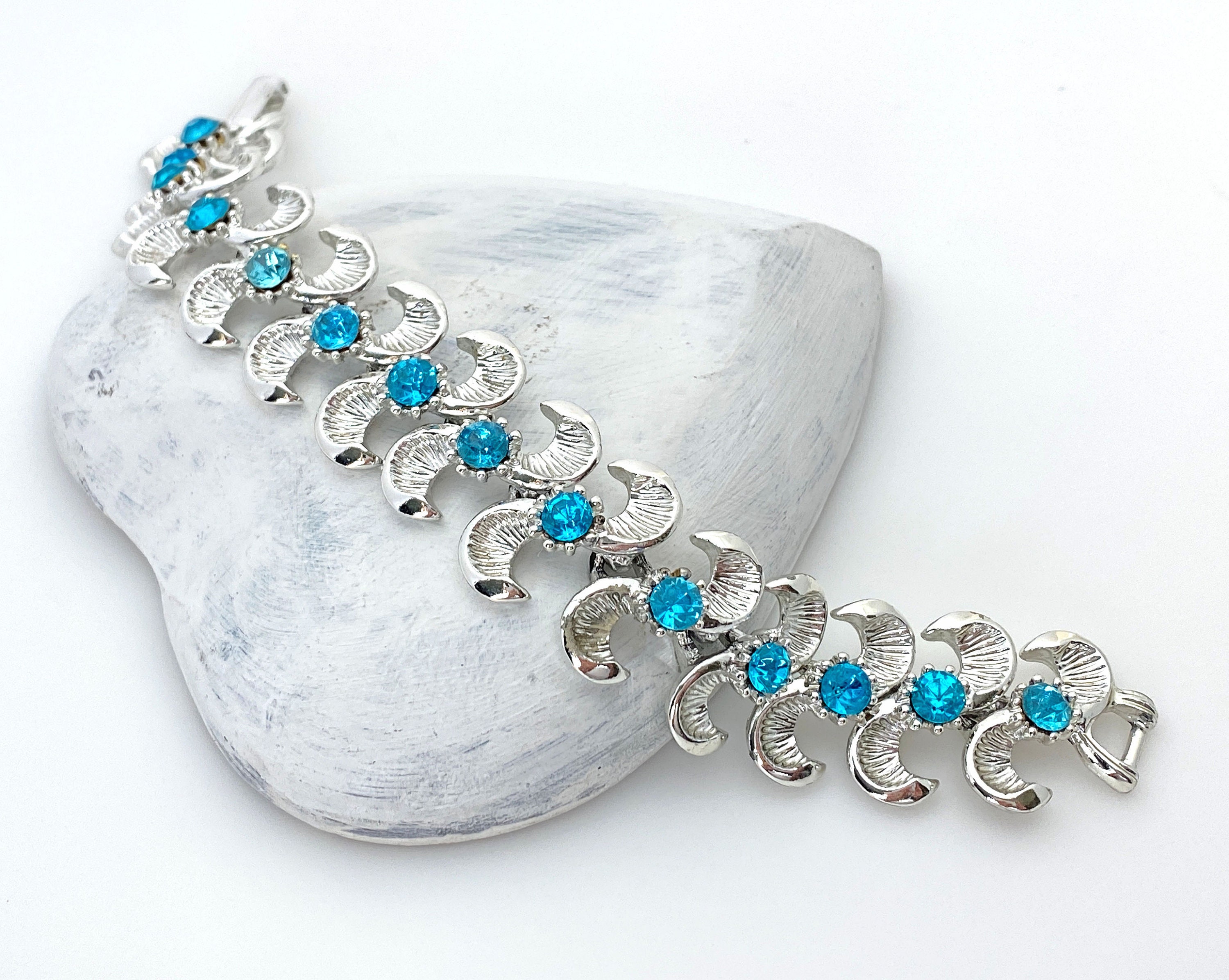 Vintage Jewelry Blue Rhinestone Bracelet, 1950s Mid Century