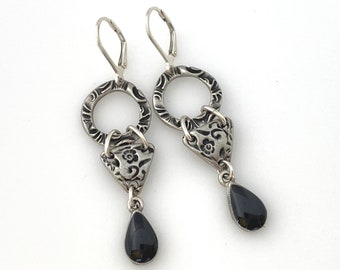 Silver and Black Resin Dangle Earrings, Unique Handmade Gifts, Pierced Earrings for Women Everyday Jewelry Floral Earrings