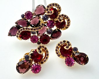 Vintage Jewelry Set Red Rhinestone Brooch Clip On Earrings Set Multi Color Rhinestone Pin Gold Color Purple Rhinestone 1950s Retro Jewelry