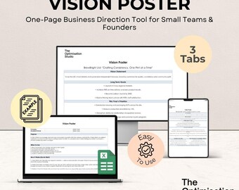 Pôster de Visão e Direção Empresarial de Uma Página | Ferramenta independente em Excel para Pequenas Empresas