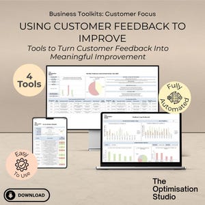 May include: An image promoting a business toolkit with the text "USING CUSTOMER FEEDBACK TO IMPROVE." The image features a computer monitor, tablet, and laptop displaying data and charts. The image also includes the text "4 Tools", "Easy To Use", "Fully Automated", and "DOWNLOAD".