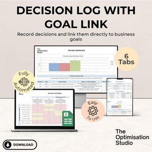 May include: A digital decision log with goal link, displayed on a laptop, desktop monitor, and tablet. The text reads "Decision Log With Goal Link" and "Record decisions and link them directly to business goals." Features include "Fully Automated" and "Easy to Use."
