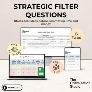 Könnte beinhalten: Eine digitale Marketinggrafik mit dem Text „STRATEGIC FILTER QUESTIONS“ und „Testen Sie Ideen, bevor Sie Zeit und Geld investieren“. Das Bild enthält einen Laptop, einen Computermonitor und ein Smartphone, die Daten anzeigen.