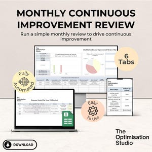 May include: A digital display of a monthly continuous improvement review. The image shows a laptop, monitor, and smartphone displaying data, with the words "Fully Automated" and "Easy to Use" in circular graphics. The text "Download" is also visible.