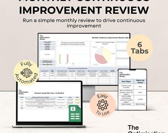 Modelo de Reunião Mensal de Revisão de Melhoria Contínua | Ferramenta independente em Excel para Pequenas Empresas