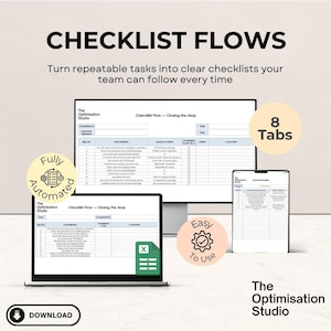 Könnte beinhalten: Eine digitale Checklisten-Vorlage auf einem Computermonitor, einem Laptop und einem Tablet. Die Bildschirme zeigen eine Checkliste für Ladenschließungen mit Spalten für Schritte, Aufgaben, Anleitungen und Status. Text: CHECKLIST FLOWS, 8 Tabs, Fully Automated, Easy To Use, The Optimisation Studio.