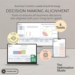 Peut inclure: Image présentant des outils d'aide à la décision et des données d'entreprise sur un ordinateur portable, un écran et une tablette. Le texte comprend "Decision Making Alignment" et "5 Tools". Également "Entièrement automatisé", "Facile à utiliser" et "Télécharger".