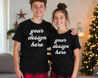 Gildan 5000 Black Mockup - Christmas Family Shirt Mock-Up - Holiday Group Mockup - Xmas Siblings Mock, Christmas Shirt Png, Matching Pajamas
