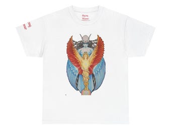 May include: White t-shirt featuring a colorful graphic of a winged figure with red, orange, and blue wings, and a serpent-like staff. The design includes a figure with a crown and the text "Oiqong Weaver" and "Jane Buc Aver".