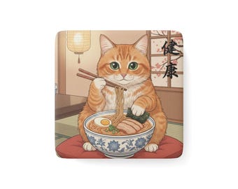 Cute Cat Ramen Magnet, Japanese Cat Art, Kitchen Decor, Foodie Gift, Animal Lover Souvenir, Fun Fridge Magnet, Housewarming Present
