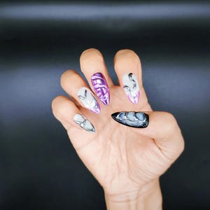 Y2K Sweet-Cool Nails | Chrome Purple Set | 3D press-on nails | Gothic Almond | Reusable Press Ons