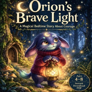May include: A children's book cover titled "Orion's Brave Light" featuring a cartoon rabbit wearing a red sweater and holding a lantern. The background shows a forest with a small door and mushrooms. The book is a magical bedtime story about courage.