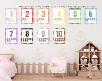 May include: Educational number posters 1-10 with colorful frames and gingham borders. Each poster displays a number and corresponding quantity of dots in a ten frame. The text "Mockups are for visual presentation purposes only and do not reflect the exact scale." is visible.