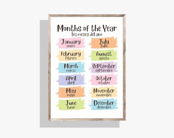 Bilingual Months of the Year Poster, English Spanish Classroom Decor (Digital Download)