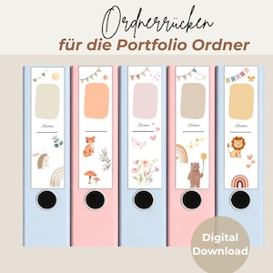 Lomos para carpetas infantiles, 5 diseños adorables, plantilla PDF imprimible, ideal para guarderías y jardines de infancia, carpetas, lomos DIN A4.