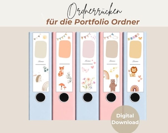 Portfolio folder spines for children, 5 adorable designs, printable PDF template, suitable for daycare, kindergarten, folders, DIN A4 spines