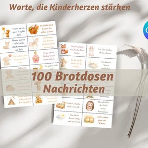 Op de afbeelding: Een set kaarten met Duitse tekst en illustraties, met zinnen als 'Woorden die kinderharten sterker maken' en '100 Lunchbox-berichten'. De kaarten hebben een aquarel-stijl met afbeeldingen van dieren en objecten.