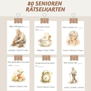 80 gåtkort för seniorer - Ordspråksquiz för seniorer, minnesträning och aktivitet, med lösningar, utskrivbart A4-format (2 och 4 per sida)