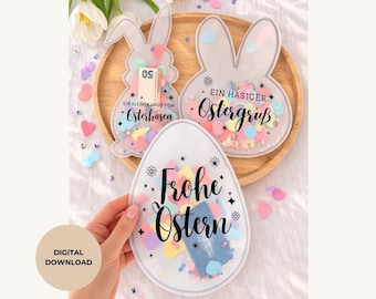 Ostern Schüttelkarten, Verpackung für Geld & Gutscheine, Bastevorlage PDF Download, Konfettikarte Osterhase, DIY Geschenkidee Ostern