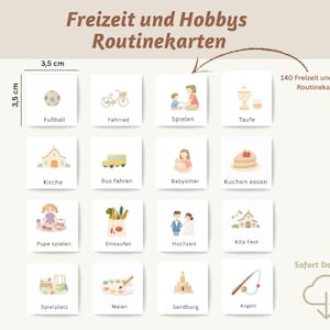 May include: Set of 140 activity cards, each 3.5 cm square, featuring illustrations of hobbies and routines. Includes images of a soccer ball, bicycle, church, and more. Text at the top reads "Freizeit und Hobbys Routinekarten."