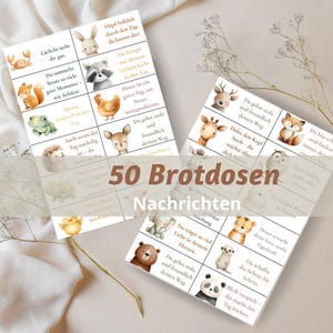 Könnte beinhalten: Zwei Kartensets mit Aquarellillustrationen von Tieren und positiven Botschaften auf Deutsch. Die Karten zeigen eine Vielzahl von Tieren, darunter eine Krabbe, ein Eichhörnchen, ein Kaninchen, ein Waschbär und ein Fuchs. Der Text "50 Brotdosen Nachrichten" ist sichtbar.